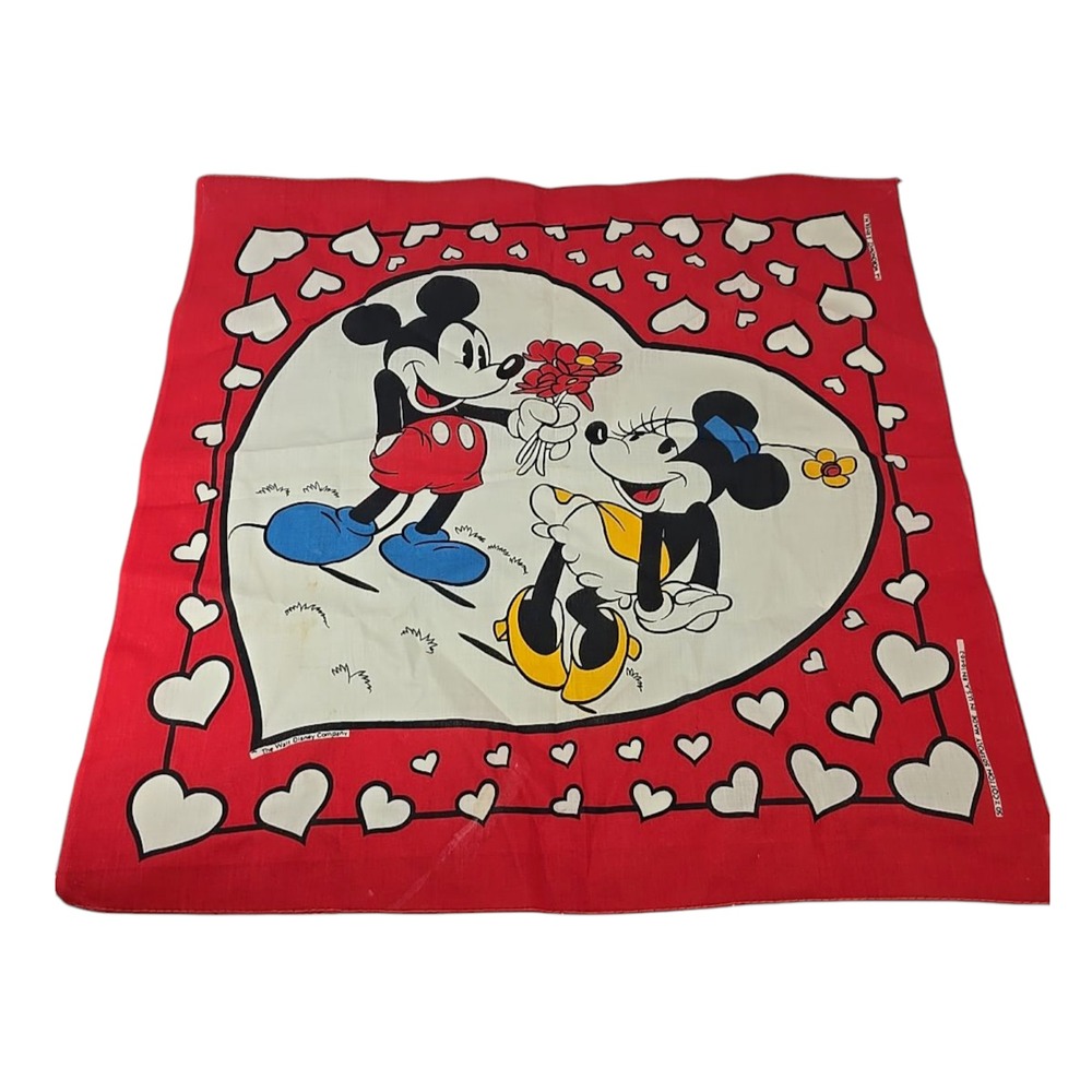 Vintage Mickey Minnie Walt Disney Company Red Bandana with Hearts USA Made